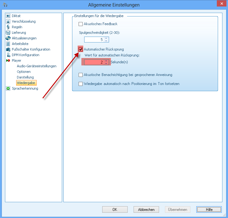 Einstellungen Automatischer Rücksprung in Philips SpeechExec Pro Transcribe 7